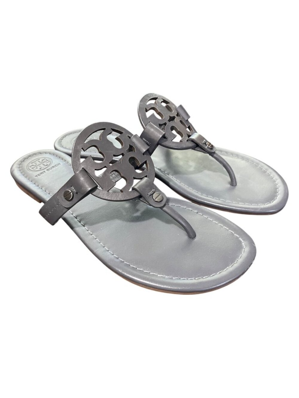 Tory Burch Womens Size 8 Miller Leather Thong Sandals Malta Grey Slip-On EUC - Picture 1 of 10
